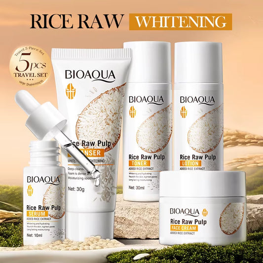 5Pcs Rice Raw Whitening Set Brighten Hydrating Moisturize Soothing Facial Cleanser+Toner+Essence+Lotion+Cream Skincare